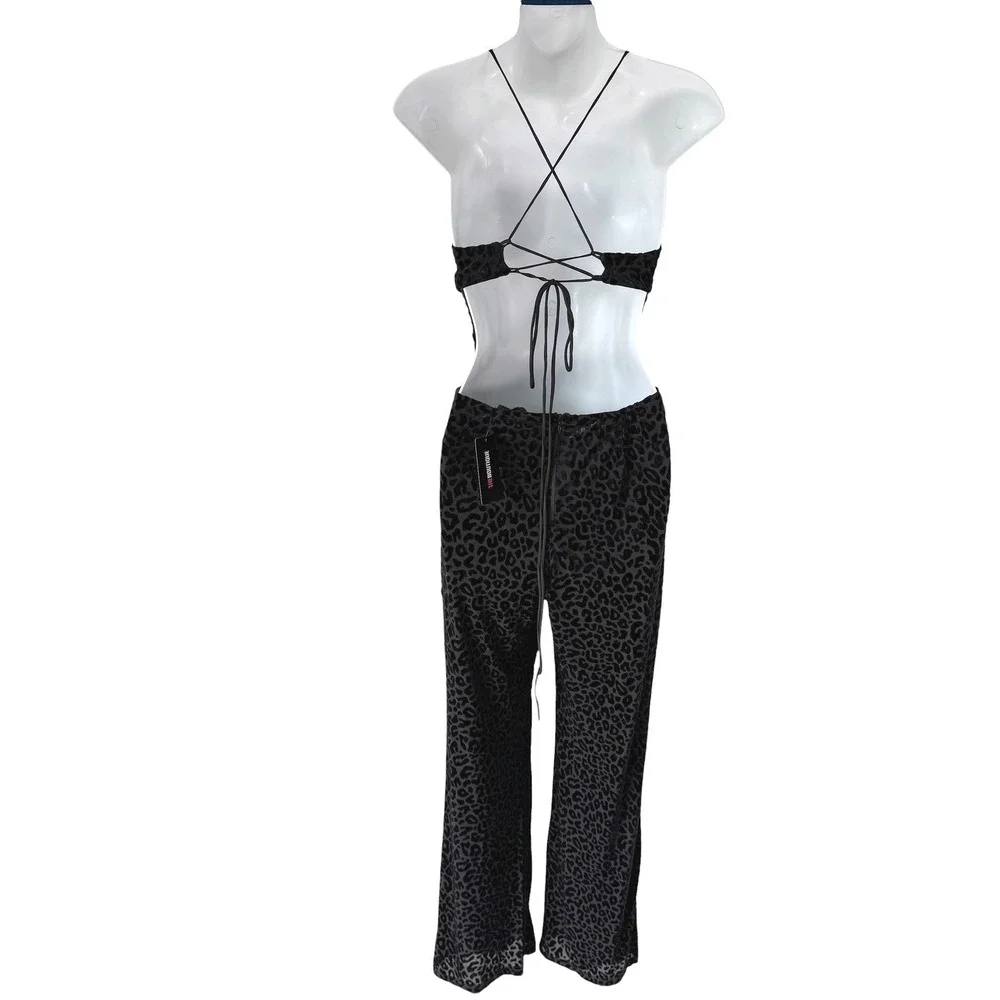 Strappy Cut-Out Velvet Jumpsuit Women S Black Wide Leg Leopard Chic Glam Sexy